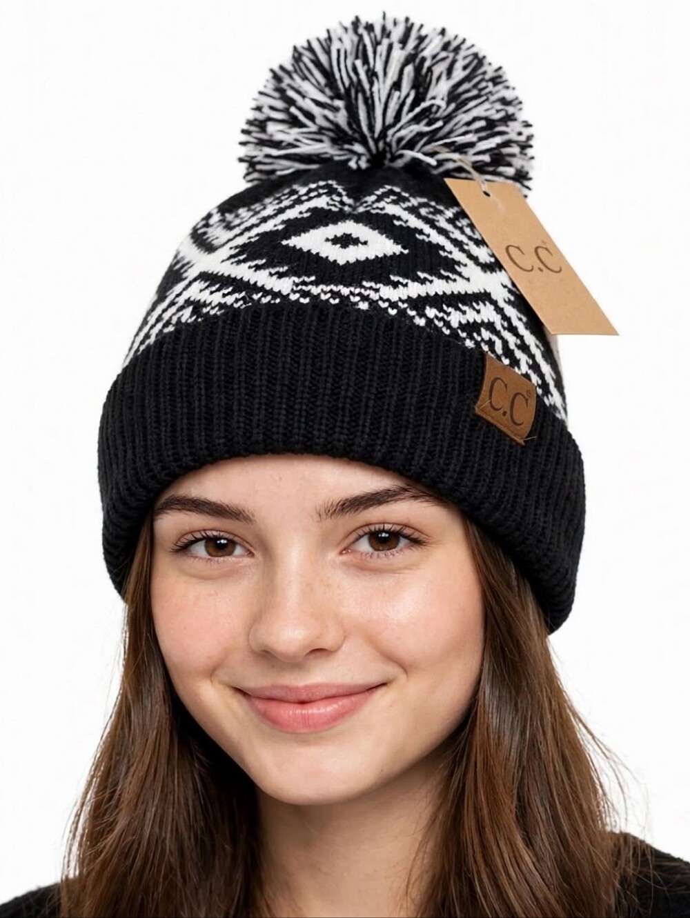 C.C Beanie Women's Fair Isle Knit Winter Hat Black White Geometric Pom Pom NWT